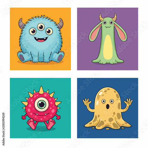 Cute monsters with vibrant colors and cheerful smiling faces
