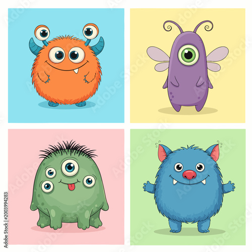 Friendly monsters with cute shapes and bright playful colors