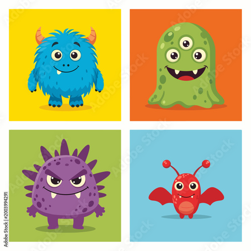 Funny creatures with big eyes and cheerful vibrant designs