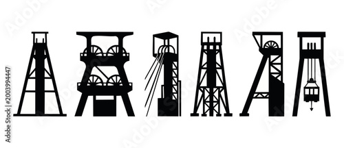 Mining Headframe Silhouettes Set Industrial Extraction Towers Icons for Coal Mine Infrastructure Design, Vector Illustration of Vertical Winding Shaft Structures Isolated on a White Background for Eng