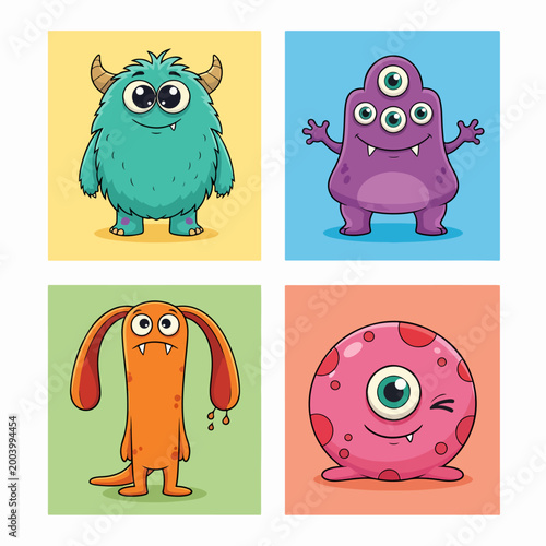 Happy monsters with bright colors and joyful expressions