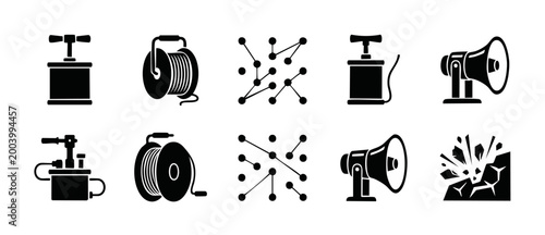 Explosion construction tools and network icons set, demolition equipment symbols including dynamite plunger, wire spool, alarm horn, and blast effect, vector black silhouettes isolated on white backgr