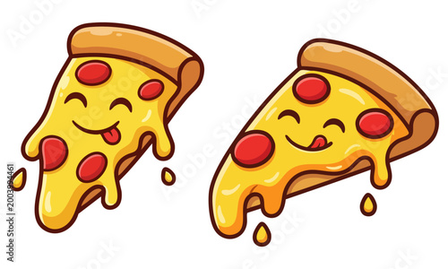 Cute kawaii pizza slices with melting cheese cartoon isolated characters. Happy smiling pepperoni pizza slice sticker illustration. Yummy fast food pizza mascot characters with tongue out expression