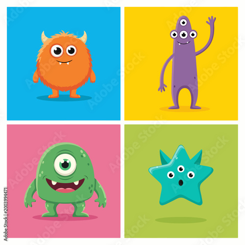 Happy monsters with friendly expressions and simple shapes
