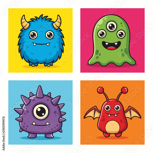 Happy monsters with funny expressions and bright playful vibes