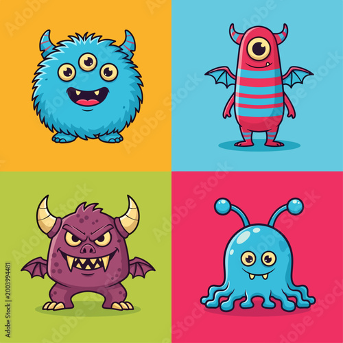 Happy monsters with vibrant colors and adorable smiling faces