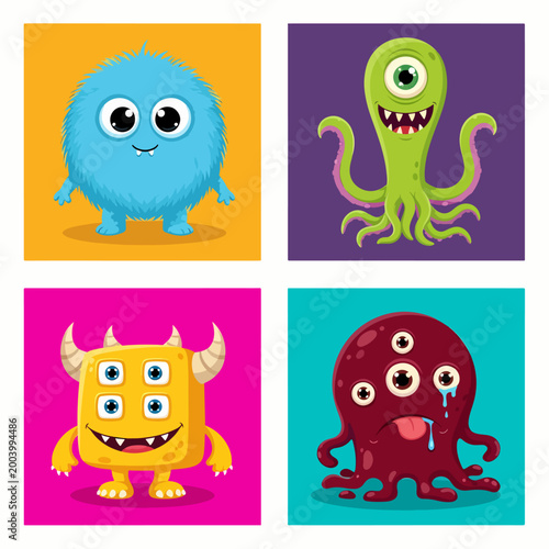 Playful cartoon creatures with cute shapes and smiling faces