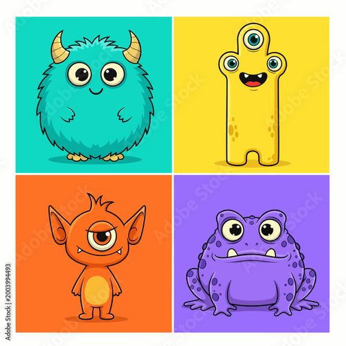 Playful cartoon creatures with happy smiles and simple shapes