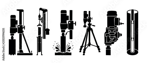 Diamond Core Drill Rig Icons Set, Professional Concrete Drilling Equipment and Industrial Construction Tools for Boring Holes in Masonry, Stone and Hard Surface Applications, Isolated Black Vector Sil