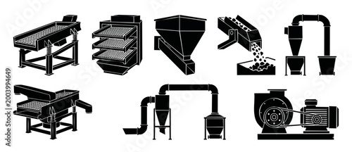 Industrial Processing Equipment Icons Set for Mining, Aggregate, and Manufacturing Production Lines, Featuring Conveyors, Screens, Crushers, and Cyclone Separators in Solid Black Flat Vector Design