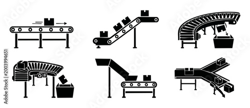 Conveyor Belt System Icons Set, Industrial Logistics and Warehouse Automation Symbols for Shipping, Manufacturing Processes, Cargo Handling, Package Sorting, and Distribution Line Vector Collection