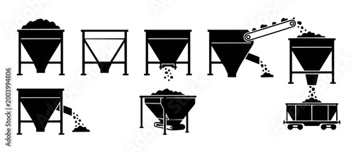 Industrial Hopper Conveyor System Icons Set, Mining Equipment Silo Symbols, Bulk Material Processing and Storage Machinery, Vector Black Shapes for Factory, Construction, Manufacturing and Logistics A