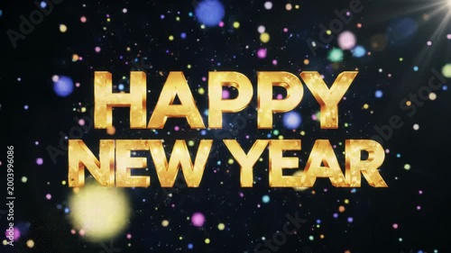 Luxurious 3D golden 'Happy New Year!' text with glitter, animating in a deep cosmic void with glowing multi-colored particles, lens flares and bokeh. Grand festive celebration