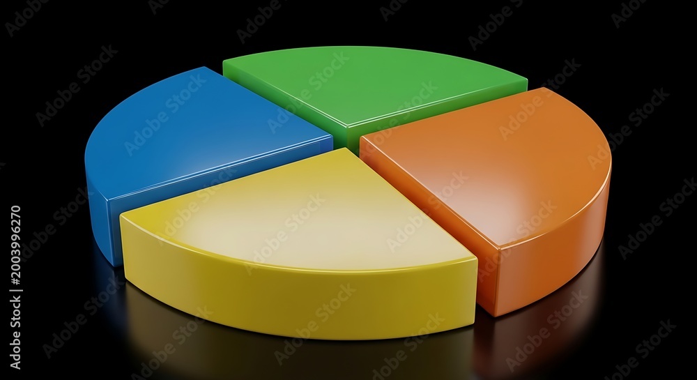 Obraz premium Colorful 3D pie chart, four segments, on black surface, reflecting light