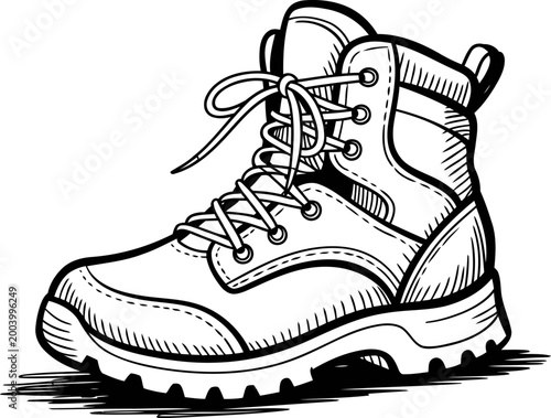 Rugged hiking boot with laces, detailed sketch of durable outdoor footwear for trekking and adventure