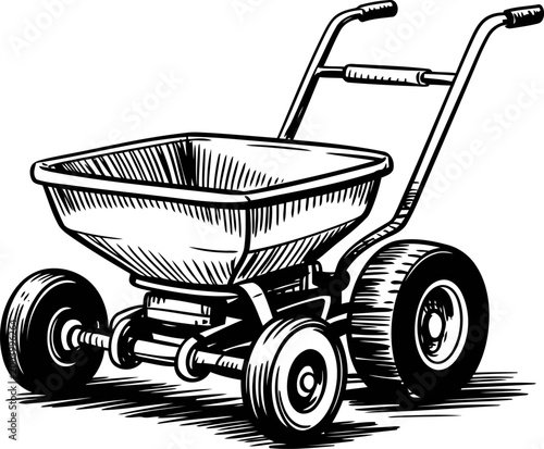 lawn spreader with large wheels and handle for garden fertilizer application and seed distribution