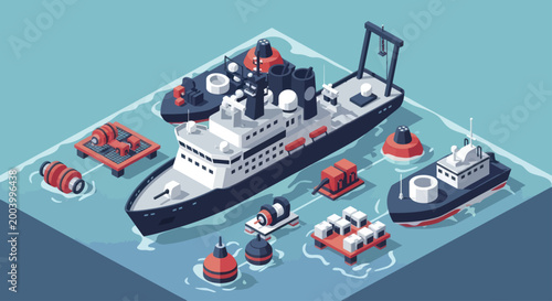 Obraz na płótnie Isometric illustration of a large icebreaker ship surrounded by various maritime buoys and smaller vessels