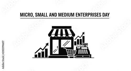 Vector illustration representing micro small and medium enterprises day with a shop and growth charts