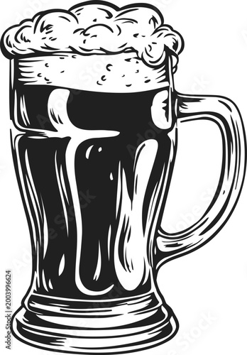 Dark beer mug filled with frothy foam, classic pub drink illustration with handle and rich texture