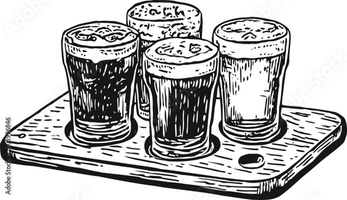 Hand drawn beer flight on wooden paddle with four diverse pint glasses, craft brewing, tasting sampler set