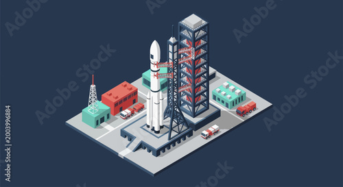 Tableau sur toile Isometric Rocket Launch Pad with Spacecraft Ready for Liftoff.