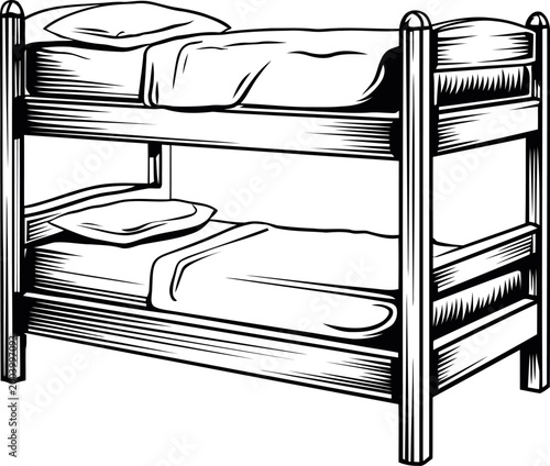 Wooden bunk bed with mattress and pillow, simple two level sleeping furniture frame