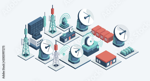 Fotografie Isometric Telecommunication Network Infrastructure with Satellite Dishes and Towers
