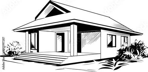 Simple house exterior sketch with porch and steps surrounded by shrubbery and plants