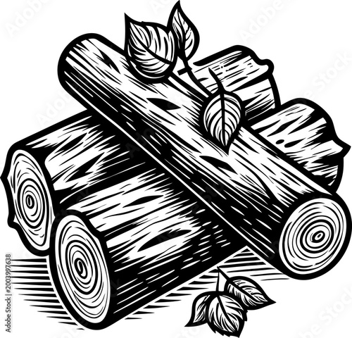 Wood logs stacked with leaves natural firewood pile, timber trunks with tree bark texture and fresh foliage