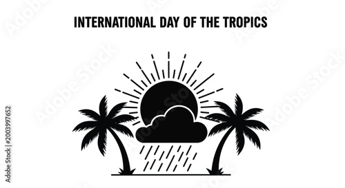 Minimalist vector graphic design showing tropical palm trees with a summer sun and rainy cloud icon