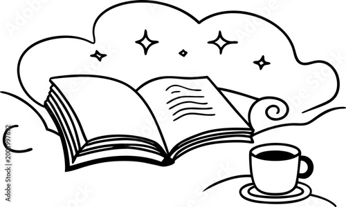 Open book with cup of coffee symbolizing relaxation and imagination, creative reading and peaceful moments