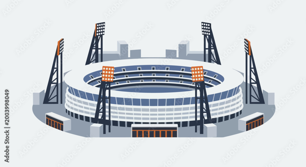 Naklejka premium Large modern sports stadium with bright floodlights for evening games.