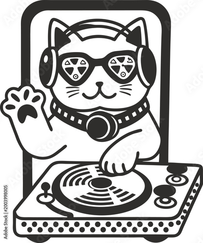 Dj cat with headphones and sunglasses mixing music on turntable, playful animal playing records