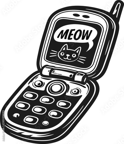 Retro flip phone illustration with cat saying meow on screen, vintage communication device design