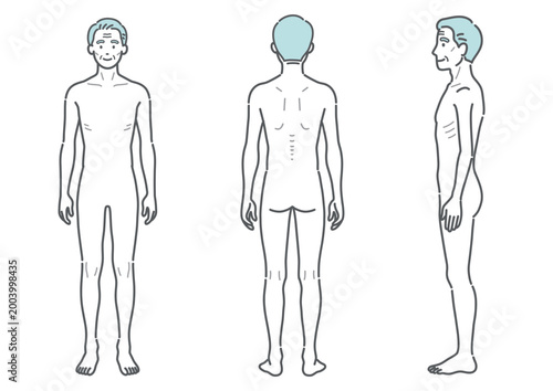 痩せ型のシニア男性の全身イラスト（正面・背面・側面の3アングルセット）