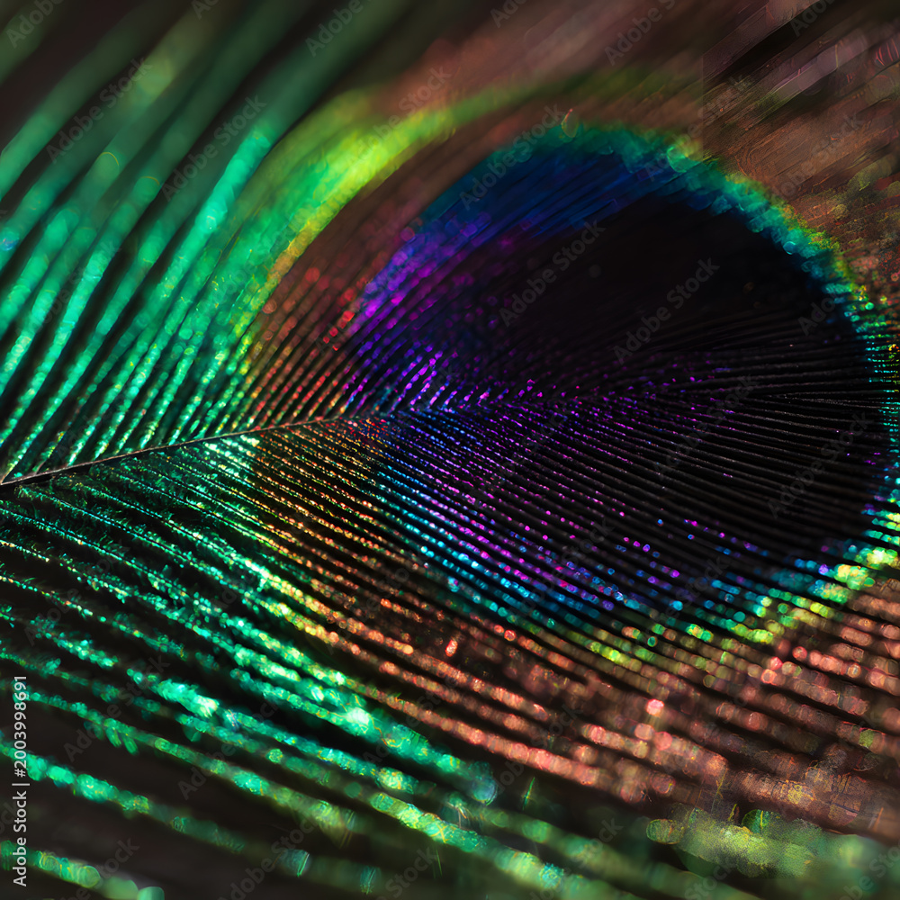 Obraz premium Iridescent Peacock Feather Macro Background Abstract