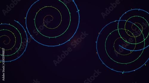 Colorful spiral patterns on dark background with green and blue lines