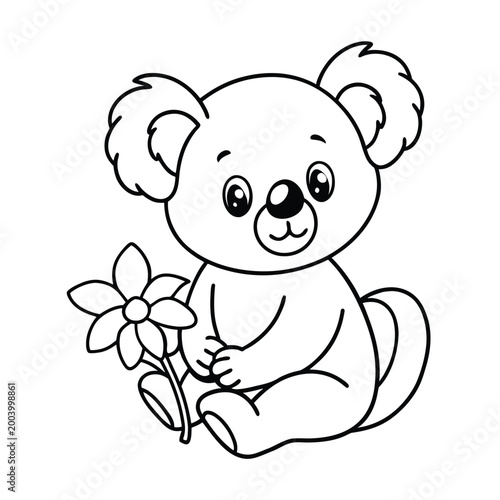 Little koala sitting on the ground holding a flower and smiling, with a bow on its ear on white background