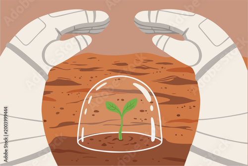 Close-up of an astronaut’s hands carefully shielding a small green plant against the harsh Martian landscape. Conceptual vector illustration symbolizing Mars colonization.