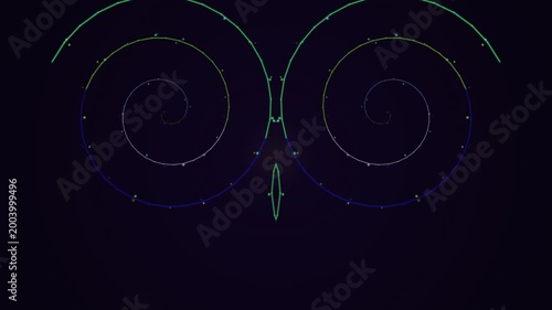 Glowing neon owl face made of swirling lines and dots on black
