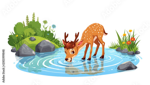 antlered deer drinking river water
