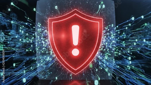 A glowing red shield with an exclamation mark in the center, surrounded by digital data streams, representing security and warning