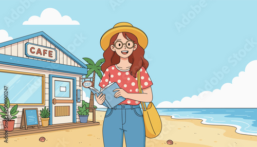 Woman standing near beach cafe holding book summer travel flat illustration