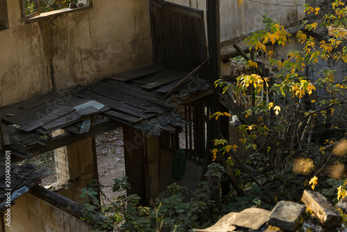 Obraz na płótnie Dilapidated and derelict building interior featuring collapsing wooden floorboards and overgrown vegetation under bright sunlight in a forgotten structure