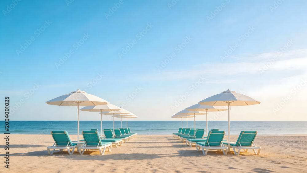 Fototapeta premium Beach chairs and umbrellas on sand