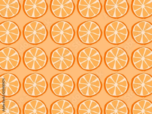 Orange slices pattern with repetitive circular designs. The slices have vibrant orange segments and a thin white core, creating a symmetrical and consistent look. The background is a lighter shade of 