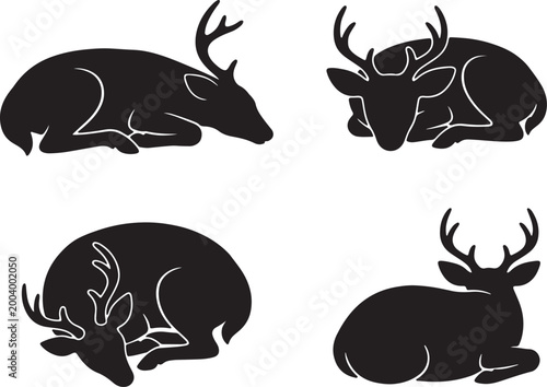 sleeping deer silhouette icons set side, front, back, and top views vector art illustration