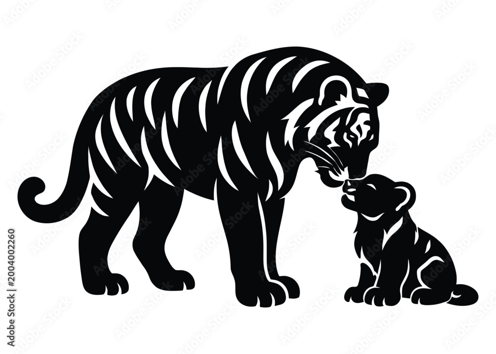 Obraz premium Mother Tiger and Cub Silhouette Vector, Wildlife Family Love Concept, Minimal Black Animal Illustration, Elegant Nature Logo Design
