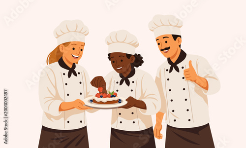 Pastry team preparing and decorating fruit cake together in bakery setting.