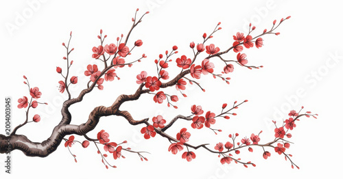 A blooming cherry blossom branch with small red flowers isolated on a white background